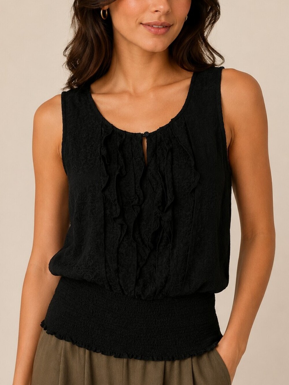 WHBM Black Silk Ruffle Front Leopard Print Sleeveless Smock Blouson Top